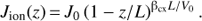 $ \begin{aligned} J_\mathrm{ion}(z)\,{=}\,J_0 \left(1-z/L\right)^{\mathrm{{\beta }}_\mathrm{cx}L/V_0}. \end{aligned} $