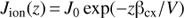 $ \begin{aligned} J_\mathrm{ion}(z)\,{=}\,J_0 \exp (-z\mathrm{{\beta }}_\mathrm{cx}/V) \end{aligned} $