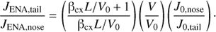 $ \begin{aligned} \frac{J_\mathrm{ENA, tail}}{J_\mathrm{ENA, nose}}\,{=}\,\left(\frac{\mathrm{{\beta }}_\mathrm{cx}L/V_0\,{+}\,1}{\mathrm{{\beta }}_\mathrm{cx}L/V_0}\right) \left(\frac{V}{V_0}\right)\left(\frac{J_\mathrm{0, nose}}{J_\mathrm{0, tail}}\right)\cdot \end{aligned} $