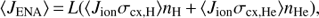$ \begin{aligned} \langle J_\mathrm{ENA} \rangle \,{=}\,L(\langle J_\mathrm{ion}\sigma _\mathrm{cx,H} \rangle n_\mathrm{H}\,{+}\,\langle J_\mathrm{ion}\sigma _\mathrm{cx,He} \rangle n_\mathrm{He}), \end{aligned} $