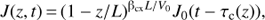 $ \begin{aligned} J(z, t)\,{=}\,(1-z/L)^{\mathrm{{\beta }}_\mathrm{cx}L/V_0} J_0(t-\tau _\mathrm{c}(z)), \end{aligned} $