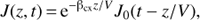 $ \begin{aligned} J(z, t)\,{=}\,\mathrm{e}^{-\mathrm{{\beta }}_\mathrm{cx}z/V}J_0(t-z/V), \end{aligned} $