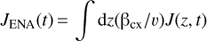 $ \begin{aligned} J_\mathrm{ENA}(t)\,{=}\,\int \mathrm{d}z (\mathrm{{\beta }}_\mathrm{cx}/v) J(z, t) \end{aligned} $