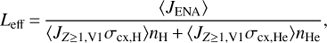 $ \begin{aligned} L_\mathrm{eff}\,{=}\,\frac{\langle J_\mathrm{ENA} \rangle }{\langle J_{Z{\ge }1,\mathrm V1}\sigma _\mathrm{cx,H}\rangle n_\mathrm{H}\,{+}\,\langle J_{Z{\ge }1,\mathrm V1}\sigma _\mathrm{cx,He}\rangle n_\mathrm{He}}, \end{aligned} $