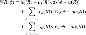 $ \begin{array}{*{20}{l}}{\tilde v(R,\phi )}&{ = {a_0}(R) + {c_1}(R)\cos (\phi - \alpha (R))}\\{}&{ + \mathop \sum \limits_{n = 3,5,...} {c_n}(R)\cos (n\phi - n\alpha (R))}\\{}&{ + \mathop \sum \limits_{n = 3,5,...} {s_n}(R)\sin (n\phi - n\alpha (R)).} \end{array} $