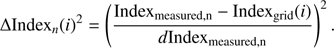 $\Delta {\rm{Inde}}{{\rm{x}}_n}{(i)^2} = {\left( {\frac{{{\rm{Inde}}{{\rm{x}}_{{\rm{measured}},{\rm{n}}}} - {\rm{Inde}}{{\rm{x}}_{{\rm{grid}}}}(i)}}{{d{\rm{Inde}}{{\rm{x}}_{{\rm{measured}},{\rm{n}}}}}}} \right)^2}.$