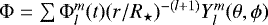 ${{\mathrm{\Phi}}=\sum {\mathrm{\Phi}}_l^m(t) (r/R_{\star})^{-(l&#x002B;1)} {Y}_{l}^{m}(\theta, \phi)}$