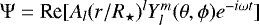 ${{\mathrm{\Psi}} = \textrm{Re}[A_l(r/R_{\star})^l Y_l^m (\theta, \phi) e^{-i \omega t}]}$