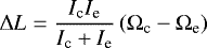 \begin{equation*} {\mathrm{\Delta}} L = \frac{I_{\textrm{c}} I_{\textrm{e}} }{I_{\textrm{c}}&#x002B; I_{\textrm{e}}} \left({\mathrm{\Omega}}_{\textrm{c}} - {\mathrm{\Omega}}_{\textrm{e}}\right) \end{equation*}