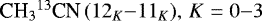 ${\textrm{C}{\textrm{H}_3}^{13}\textrm{CN}}\,(12_K{-}11_K),\,K = 0{-}3$