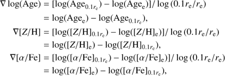 $$\matrix{ {\nabla {\rm{ log}}\left( {{\rm{Age}}} \right)} \hfill & = \hfill & {\left[ {{\rm{log}}\left( {{\rm{Ag}}{{\rm{e}}_{0.9{r_e}}}} \right) - {\rm{log}}\left( {{\rm{Ag}}{{\rm{e}}_{\rm{e}}}} \right)} \right]{\rm{/log}}\left( {0.1{r_e}/{r_e}} \right)} \hfill \cr {} \hfill & = \hfill & {{\rm{log}}\left( {{\rm{Ag}}{{\rm{e}}_{\rm{e}}}} \right) - {\rm{log}}\left( {{\rm{Ag}}{{\rm{e}}_{0.1{r_e}}}} \right),} \hfill \cr {\nabla \left[ {{\rm{Z/H}}} \right]} \hfill & = \hfill & {{\rm{ }}\left[ {{\rm{log}}\left( {{{\left[ {{\rm{Z/H}}} \right]}_{0.1{r_e}}}} \right) - {\rm{log}}\left( {{{\left[ {{\rm{Z/H}}} \right]}_{0.1{r_e}}}} \right)} \right]{\rm{/log}}\left( {{\rm{0}}{\rm{.1}}{r_e}{\rm{/}}{r_e}} \right)} \hfill \cr {} \hfill & = \hfill & {{\rm{log}}\left( {{{\left[ {{\rm{Z/H}}} \right]}_e}} \right) - {\rm{log}}\left( {{{\left[ {{\rm{Z/H}}} \right]}_{0.1{r_e}}}} \right),} \hfill \cr {\nabla \left[ {\alpha /{\rm{Fe}}} \right]} \hfill & = \hfill & {\left[ {{\rm{log}}\left( {{{\left[ {\alpha /{\rm{Fe}}} \right]}_{0.1{r_e}}}} \right) - {\rm{log}}\left( {{{\left[ {\alpha /{\rm{Fe}}} \right]}_e}} \right)} \right]/{\rm{log}}\left( {0.1{r_e}/{r_e}} \right)} \hfill \cr {} \hfill & = \hfill & {{\rm{log}}\left( {{{\left[ {\alpha /{\rm{Fe}}} \right]}_e}} \right) - {\rm{log}}\left( {{{\left[ {\alpha /{\rm{Fe}}} \right]}_{0.1{r_e}}}} \right),} \hfill \cr } $$