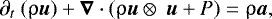 \begin{align*} { \partial_{t} ~(\uprho \boldsymbol u) &#x002B; \boldsymbol\nabla \cdot (\uprho \boldsymbol u \otimes ~\boldsymbol u &#x002B; P) = \uprho \boldsymbol a } ,\end{align*}