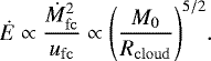 \begin{align*} {\dot{E} \propto \dfrac{\dot{M}_{\mathrm{fc}}^{2}}{u_{\mathrm{fc}}} \propto \Bigg({\dfrac{M_{0}}{R_{\mathrm{cloud}}}}\Bigg)^{5/2}}. \end{align*}