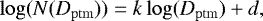 \begin{equation*}\log(N(D_{\mathrm{ptm}})) = k\log(D_{\mathrm{ptm}}) &#x002B; d, \end{equation*}