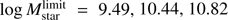 $ {\rm log}\, M_{\rm star}^{\rm limit} = 9.49,\, 10.44, \, 10.82$