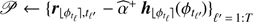 $ \mathcal{P} \leftarrow \{ {{\boldsymbol{r}}_{\lfloor{\phi _{{t_l}}}\rfloor,{t_{\ell\prime}}}} - {\widehat \alpha ^ + }{{{\boldsymbol{h}}_{\lfloor{\phi _{{t_\ell}}}\rfloor}}({\phi _{{t_{\ell\prime}}}})\} _{\ell\prime = 1:T}} $