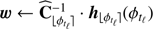 $ {\boldsymbol{w}} \leftarrow {\widehat{\boldsymbol{C}}}_{\lfloor {\phi}_{t_{\ell}}\rfloor}^{-1} \cdot {\boldsymbol{h}}_{\lfloor \phi_{t_{\ell}}\rfloor} (\phi_{t_{\ell}}) $