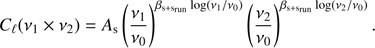 $ {C_\ell }({\nu _1} \times {\nu _2}) = {A_{\rm{s}}}{\left( {\frac{{{\nu _1}}}{{{\nu _0}}}} \right)^{{\beta _{{\rm{s + }}{{\rm{s}}_{{\rm{run}}}}}}\log ({\nu _1}/{\nu _0})}}{\left( {\frac{{{\nu _2}}}{{{\nu _0}}}} \right)^{{\beta _{{\rm{s + }}{{\rm{s}}_{{\rm{run}}}}}}\log ({\nu _2}/{\nu _0})}}. $