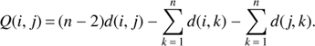 $ \begin{aligned} Q(i,j)\,{=}\,(n-2)d(i,j) - \sum _{k\,{=}\,1}^{n}d(i,k) - \sum _{k\,{=}\,1}^{n}d(j,k) . \end{aligned} $