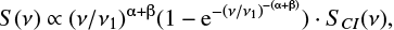 $$ \begin{equation} S(\nu)\propto (\nu/\nu_1)^{{\rm {\alpha}} + {\rm{\beta}}}(1-{\rm e}^{{-(\nu/\nu_1)}^{-({\rm {\alpha}} + {\rm{\beta}})}})\cdot S_{CI}(\nu), \label{eqSPSUNDSCRssa} \end{equation} $$