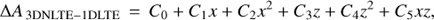 $$\Delta {A_{{\rm{3DNLTE - 1DLTE}}}}{\mkern 1mu} = {\mkern 1mu} {C_0} + {C_1}x + {C_2}{x^2} + {C_3}z + {C_4}{z^2} + {C_5}xz,$$