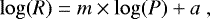 \begin{equation*} \log (R) = m \times \log(P) &#x002B; a\ , \end{equation*}