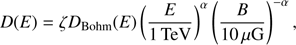 $$D(E) = \zeta {D_{{\rm{Bohm}}}}\left( E \right){\left( {{E \over {1{\mkern 1mu} {\rm{TeV}}}}} \right)^\alpha }{\left( {{B \over {10{\mkern 1mu} \mu {\rm{G}}}}} \right)^{ - \alpha }},$$