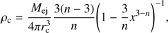 $${\rho _{\rm{c}}} = {{{M_{{\rm{ej}}}}} \over {4\pi r_{\rm{c}}^3}}{{3\left( {n - 3} \right)} \over n}{\left( {1 - {3 \over n}{x^{3 - n}}} \right)^{ - 1}},$$