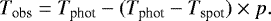 \begin{equation*} T_{\textrm{obs}}=T_{\textrm{phot}} - ( T_{\textrm{phot}} - T_{\textrm{spot}})\times p. \end{equation*}
