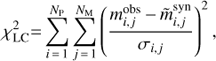$ \chi _{{\rm LC}}^2 = \sum\limits_{i = 1}^{N_{\rm P} } {\sum\limits_{j = 1}^{N_{\rm M} } {\left( {{{m_{i, j}^{{\rm obs}} - \tilde m_{i, j}^{{\rm syn}} } \over {\sigma _{i, j} }}} \right)^2 } } , $