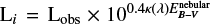 $ \mathrm{L}_i = \mathrm{L}_{\mathrm{obs}} \times 10^{0.4\kappa(\lambda) E_{B-V}^{\mathrm{nebular}}} $