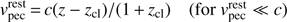 $$ \begin{array}{cc}v_\text{pec}^\text{rest}=c{(z-z_{\mathrm cl})}/{(1+z_{\mathrm cl})}&(\text{for}v_\text{pec}^\text{rest}\ll c)\end{array} $$