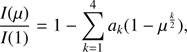 $ \begin{aligned} \frac{I(\mu )}{ I(1)} = 1 - \sum _{k=1}^{4} {a_k} (1 - \mu ^{\frac{k}{2}}), \end{aligned} $