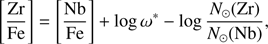$ \begin{aligned} \left[\frac{{\mathrm{Zr}}}{{\mathrm{Fe}}}\right] = \left[\frac{{\mathrm{Nb}}}{{\mathrm{Fe}}}\right] + \log \omega ^{*} - \log \frac{N_{\odot }(\mathrm{Zr})}{N_{\odot }(\mathrm{Nb})}, \end{aligned} $