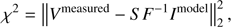 $ \begin{aligned} \chi ^{2}=\left\Vert{V}^\mathrm{measured}-SF^{-1}I^\mathrm{model} \right\Vert_{2}^{2}, \end{aligned} $