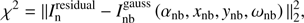 $ \begin{aligned} \chi ^{2}=\Vert I_\mathrm{n}^\mathrm{residual}-I_\mathrm{nb}^\mathrm{gauss}\left( \alpha _\mathrm{nb},x_\mathrm{nb},{ y}_\mathrm{nb},\omega _\mathrm{nb} \right)\Vert _{2}^{2}, \end{aligned} $