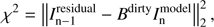 $ \begin{aligned} \chi ^2=\left\Vert I_\mathrm{n-1}^\mathrm{residual}-B^\mathrm{dirty}I_\mathrm{n}^\mathrm{model}\right\Vert_{2}^{2}, \end{aligned} $