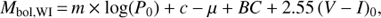 ${M_{{\rm{bol}},{\rm{WI}}}}{\mkern 1mu} = {\mkern 1mu} m \times {\rm{log}}\left( {{P_0}} \right) + c - \mu + BC + 2.55{\left( {V - I} \right)_0},$