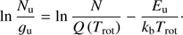 $$ \begin{aligned} \ln \frac{N_{\mathrm{u} }}{g_{\mathrm{u} }} = \ln \frac{N}{Q\left(T_{\mathrm{rot} }\right)} - \frac{E_{\mathrm{u} }}{k_{\mathrm{b} }T_{\mathrm{rot} }}\cdot \end{aligned} $$