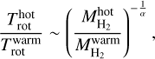 $$ \begin{aligned} \frac{T_\mathrm{rot}^\mathrm{hot}}{T_\mathrm{rot}^\mathrm{warm}} \sim \left(\frac{M_\mathrm{H_{2}}^\mathrm{hot}}{M_\mathrm{H_{2}}^\mathrm{warm}}\right)^{-\frac{1}{\alpha }}, \end{aligned} $$
