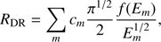$$ \begin{aligned} R_{\mathrm{DR} }=\sum _m c_m \frac{\pi ^{1/2}}{2} {\frac{f({ E}_m) }{{ E}_m^{1/2}}}, \end{aligned} $$