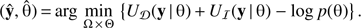 $ \begin{aligned} (\hat{\mathbf{y}},\hat{\uptheta })\,{=}\,\mathrm{arg}\,\min _{\Omega \,{\times }\,\Theta }\, \left\{ U_\mathcal D (\mathbf{y}\,|\,\uptheta )\,{+}\,U_\mathcal I (\mathbf{y}\,|\,\uptheta ) - \mathrm{log}\,p(\uptheta ) \right\} . \end{aligned} $