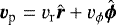 $\bm{v}_{\textrm{p}}=v_{\mathrm{r}}\hat{\bm{r}}&#x002B;v_{\mathrm{\phi}}\hat{\bm{\phi}}$