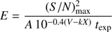 $ \begin{aligned} E = \frac{({S/N})_\mathrm{max}^2}{A \nonumber \, 10^{-0.4(V-kX)}\ t_\mathrm{exp}} \end{aligned} $