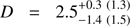 $ D = 2.5_{ - 1.4\;\left( {1.5} \right)}^{ + 0.3\;\left( {1.3} \right)} $
