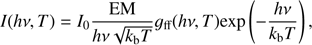 $$ I(h\nu ,T) = {I_0}\frac{{{\rm{EM}}}}{{h\nu \sqrt {{k_{\rm{b}}}T} }}{g_{{\rm{ff}}}}(h\nu ,T){\rm{exp}}\left( { - \frac{{h\nu }}{{{k_{\rm{b}}}T}}} \right),\ $$