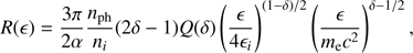 $$ \begin{aligned} R (\epsilon ) = \frac{3 \pi }{2 \alpha } \frac{n_{\rm ph}}{n_i} (2\delta -1) Q(\delta ) \left( \frac{\epsilon }{4 \epsilon _i} \right)^{(1-\delta )/2} \left( \frac{\epsilon }{m_{\rm e} c^2} \right)^{\delta -1/2}, \end{aligned} $$