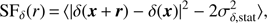 $ \begin{aligned} \mathrm{SF}_{\delta } (r)\,{=}\,\langle |\delta (\boldsymbol{x}\,{+}\,\boldsymbol{r}) - \delta (\boldsymbol{x})|^2 - 2 \sigma _{\delta , \mathrm{stat}}^2 \rangle , \end{aligned} $
