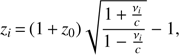 $ \begin{aligned} z_i\,{=}\,(1\,{+}\,z_0) \sqrt{\frac{1\,{+}\,\frac{\nu _i}{c}}{1-\frac{\nu _i}{c}}} -1, \end{aligned} $