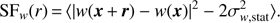 $ \begin{aligned} \mathrm{SF}_{w} (r)\,{=}\,\langle |{w}(\boldsymbol{x}\,{+}\,\boldsymbol{r}) - {w}(\boldsymbol{x})|^2 - 2 \sigma _{{w}, \mathrm{stat}}^2 \rangle . \end{aligned} $